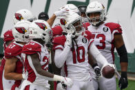 Arizona Cardinals wide receiver DeAndre Hopkins (10) celebrates after scoring a touchdown during the second half of an NFL football game against the New York Jets, Sunday, Oct. 11, 2020, in East Rutherford. (AP Photo/Seth Wenig)