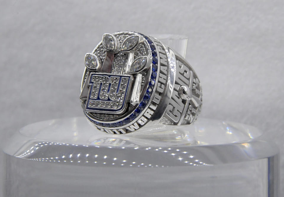 Feb 2, 2017; Houston, TX, USA; General view of Super Bowl XLVI ring to commemorate the New York Giants 21-17 victory over the New England Patriots at Lucas Oil Stadium in Indianapolis, Ind. on February 5, 2012 at the NFL Experience at the George R. Brown Convention Center. Mandatory Credit: Kirby Lee-USA TODAY Sports