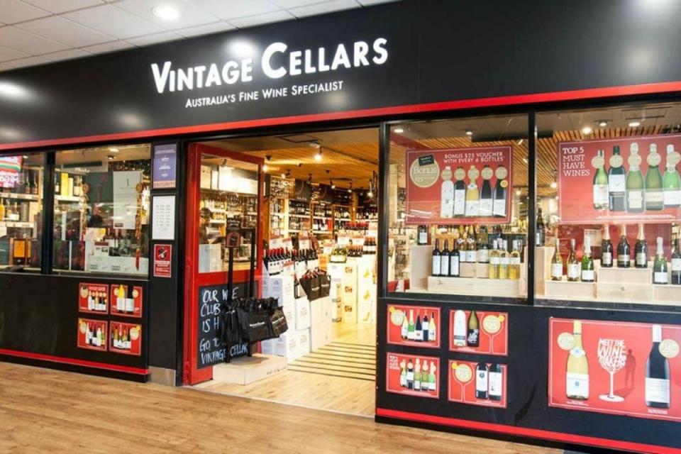 Exterior of open Vintage Cellars store, filled with wine and spirits