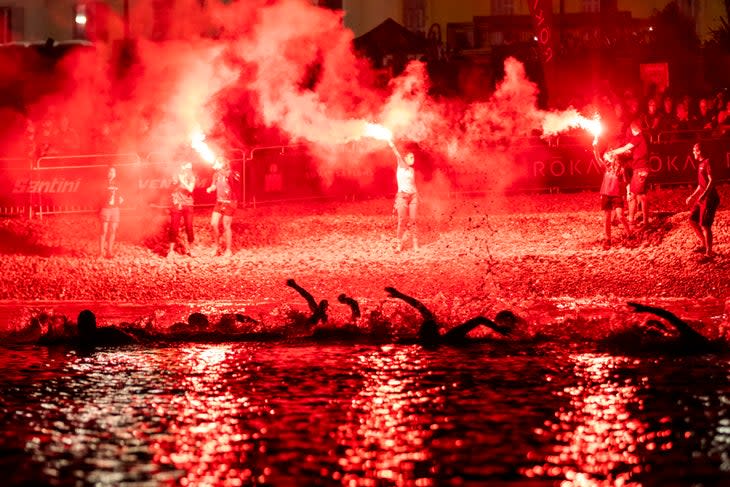 <span class="article__caption">Athletes compete in the swim leg during Ironman France Nice on September 12, 2021.</span> (Photo: Jan Hetfleisch/Getty Images)