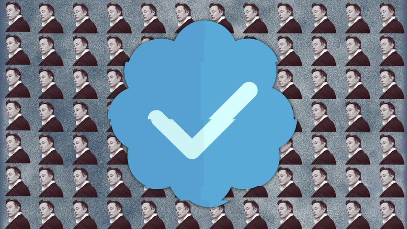 A spliced blue Twitter checkmark set against a backdrop of photos of Elon Musk.