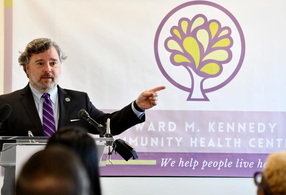 Stephen J. Kerrigan, president and CEO of Kennedy Community Health Center, speaks Monday at the Kennedy Health Center on Lincoln Street in Worcester.