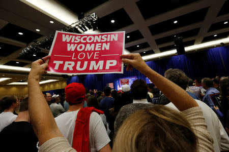 Supporters listen to speakers at the start of a campaign rally with Republican presidential nominee Donald Trump in Green Bay, Wisconsin, U.S. October 17, 2016. REUTERS/Jonathan Ernst