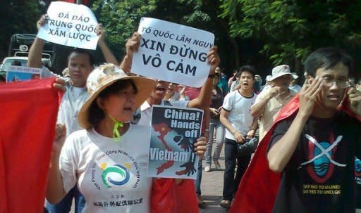 Protesters shout anti-China slogans over territorial disputes in the South China Sea while marching in Hanoi in August 2012. The US has taken a vocal stance on the South China Sea as the Philippines and Vietnam accuse a rising Beijing of intimidation to exert its claims