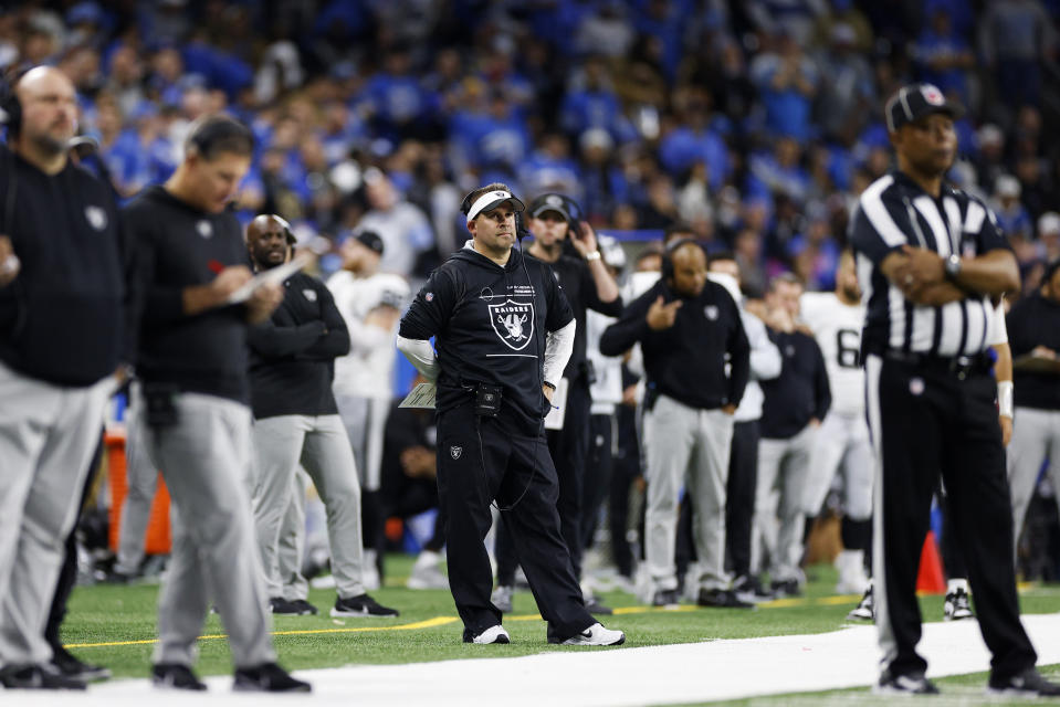 DETROIT, MICHIGAN – OCTOBER 30: Head coach Josh McDaniels of the Las Vegas Raiders looks on in the fourth quarter against the Detroit Lions at Ford Field on October 30, 2023 in Detroit, Michigan. (Photo by Mike Mulholland/Getty Images)