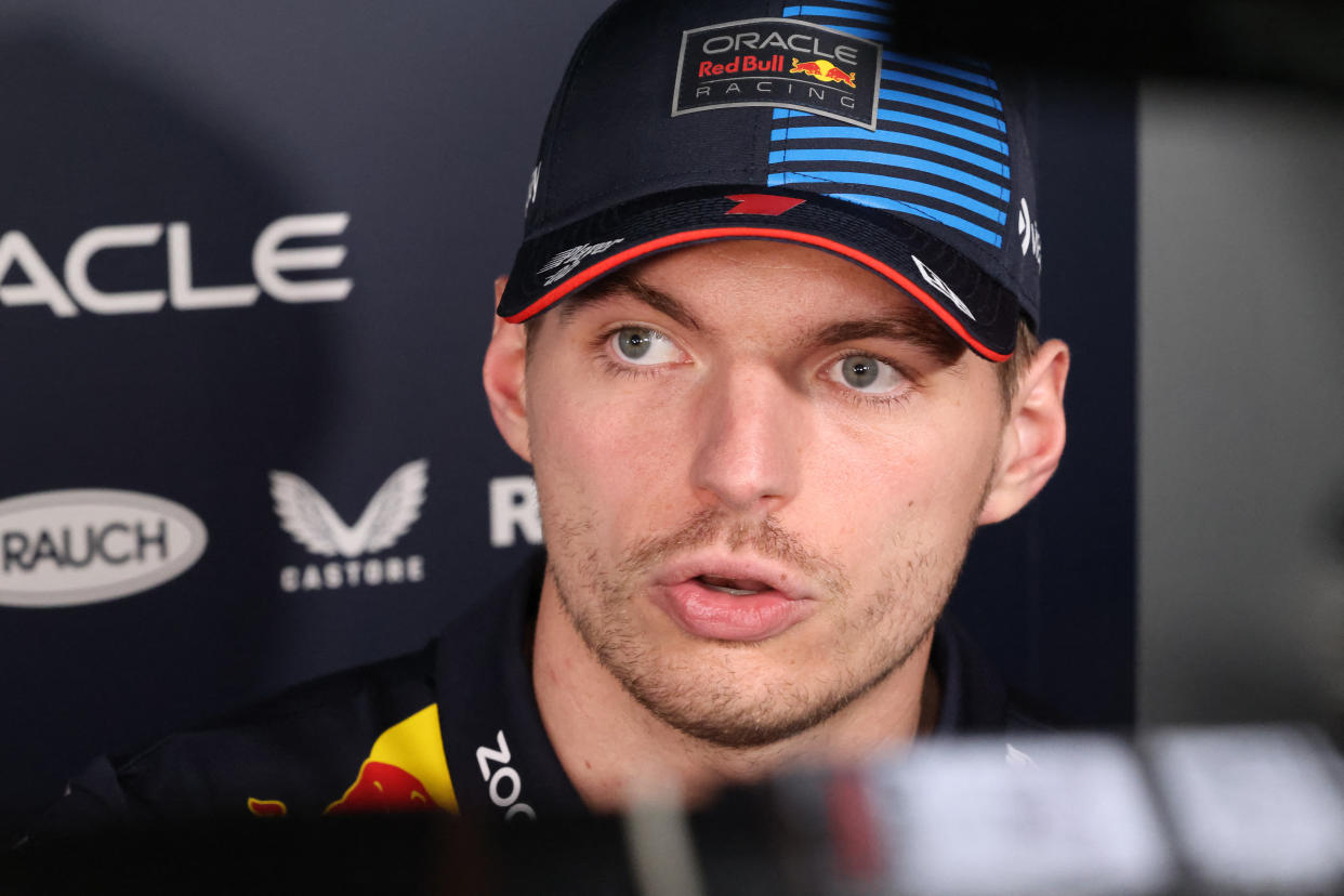 Red Bull Racing's Dutch driver Max Verstappen talks to reporters in the paddock of the Jeddah Corniche Circuit in Jeddah on March 6, 2024, ahead of the Saudi Arabian Formula One Grand Prix. (Photo by JOSEPH EID / AFP) (Photo by JOSEPH EID/AFP via Getty Images)