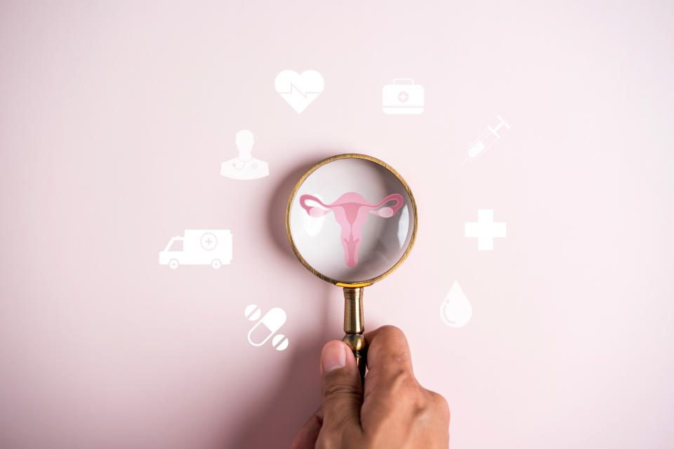 Whether the contraceptive app is the right choice for you depends on how much you want to prevent pregnancy, according to an expert.  (Getty) uterus female reproductive system, women's health, PCOS, gynecological ovarian cancer and cervical cancer, magnifying glass focus on uterus icon, Healthy female concept