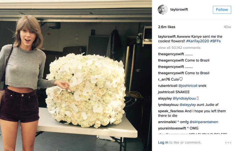 They patched things up briefly, with Kanye even gifting Taylor these epic flowers to celebrate launch of her album 1989. Source: Instagram/TaylorSwift