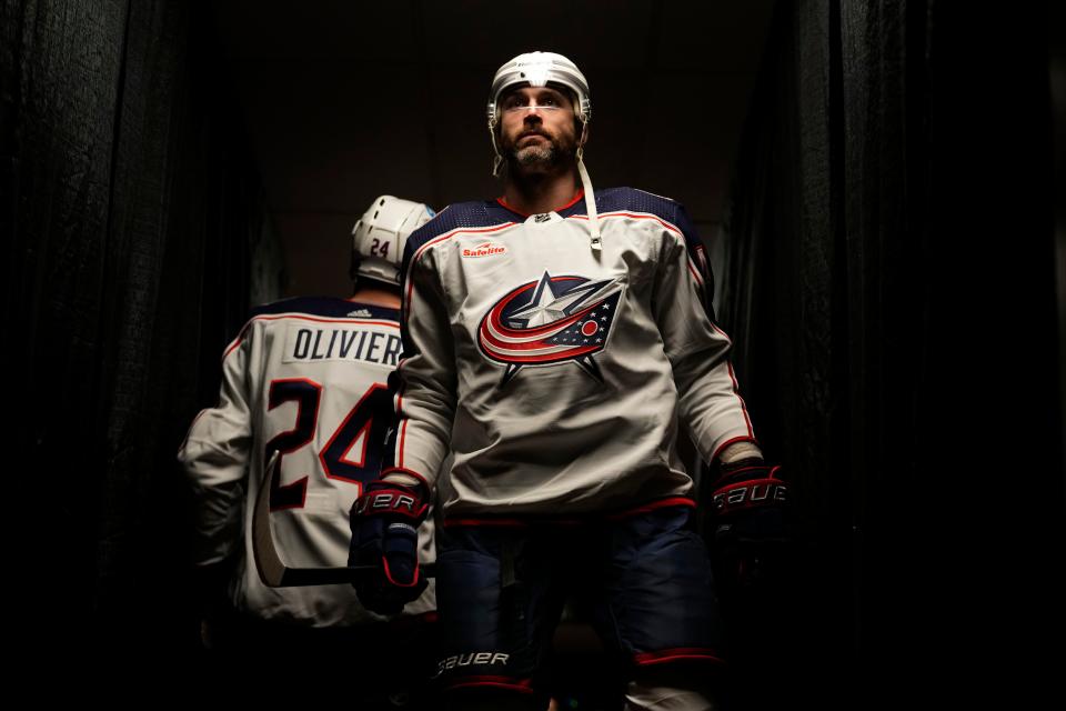 Columbus Blue Jackets' Erik Gudbranson walks to the ice before an NHL hockey game against the Philadelphia Flyers, Tuesday, Dec. 20, 2022, in Philadelphia. (AP Photo/Matt Slocum)