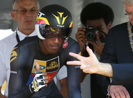 MTN-Qhubeka rider Daniel Teklehaimanot of Eritrea prepares to start the 13.8 km (8.57 miles) individual time-trial first stage of the 102nd Tour de France cycling race in Utrecht, Netherlands, July 4, 2015. REUTERS/Stefano Rellandini