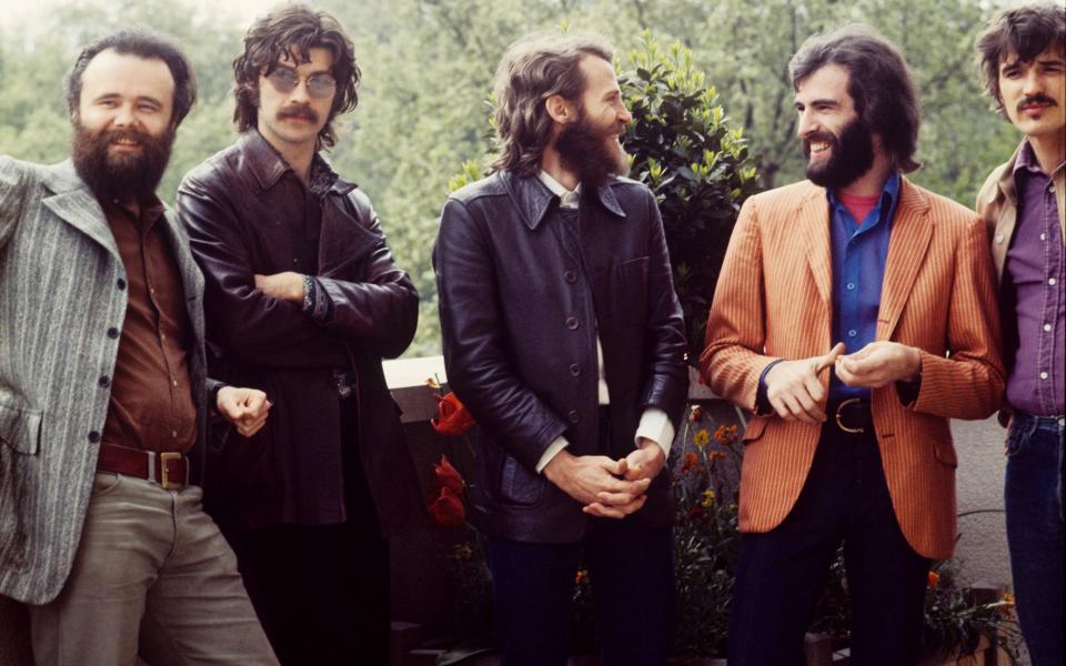 The Band in London in 1971, l-r, Garth Hudson, Robertson, Levon Helm, Richard Manuel and Rick Danko