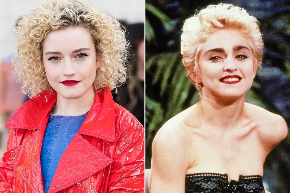 Julia Garner is seen arriving to the 2018 CFDA Fashion Awards at Brooklyn Museum on June 4, 2018 in New York City. (Photo by Gilbert Carrasquillo/GC Images); Singer Madonna during an interview with host Johnny Carson on June 9, 1987 -- (Photo by: Wendy Perl/NBCU Photo Bank/NBCUniversal via Getty Images via Getty Images)