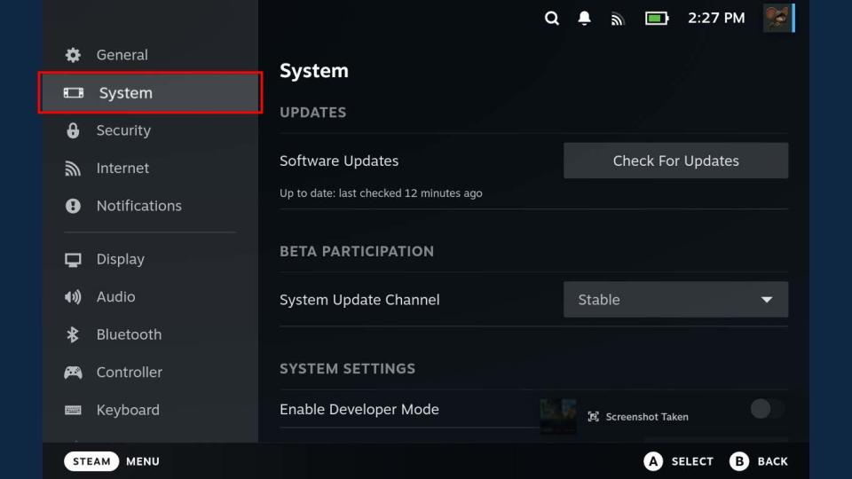 Steam Deck System tab.