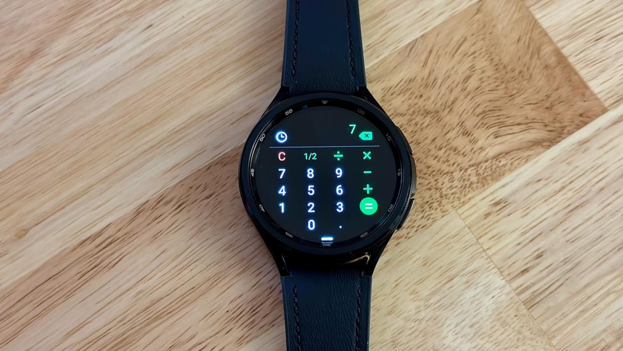  The calculator app on the Samsung Galaxy Watch 6 Classic, showing the number 7 as the answer. 