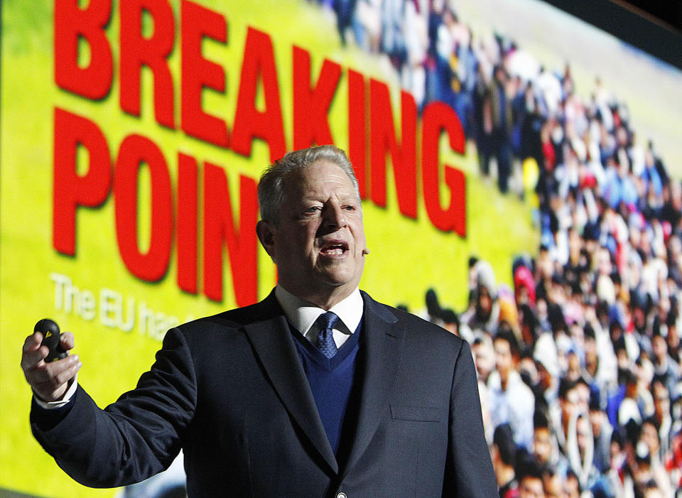 Former U.S vice president and climate activist Al Gore makes a speech on acting for climate to participants in a U.N. climate summit that is to work out ways of keeping global warming in check, in Katowice, Poland, Wednesday, Dec. 12, 2018.(AP Photo/Czarek Sokolowski)