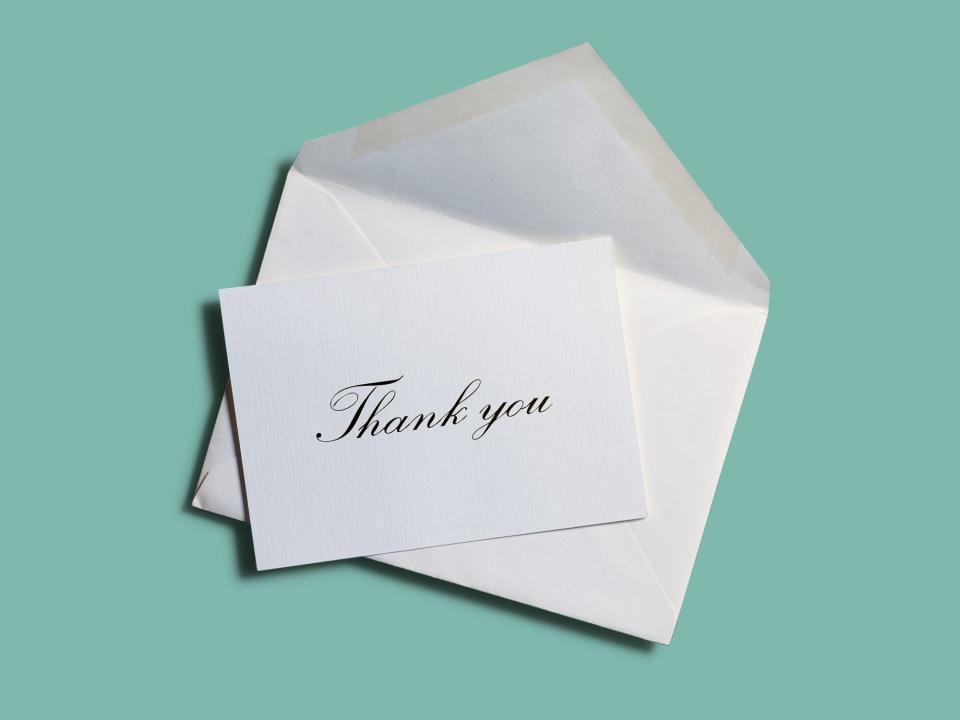 thank-you note on a teal background