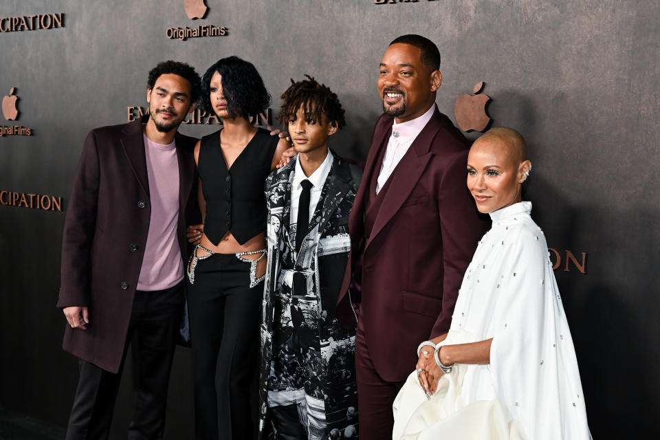 Trey Smith, Willow Smith, Jaden Smith, Will Smith and Jada Pinkett Smith at the premiere of Apple Original Films' "Emancipation" held at Regency Village Theatre on November 30, 2022 in Los Angeles, California. (Photo by Michael Buckner/Variety via Getty Images)