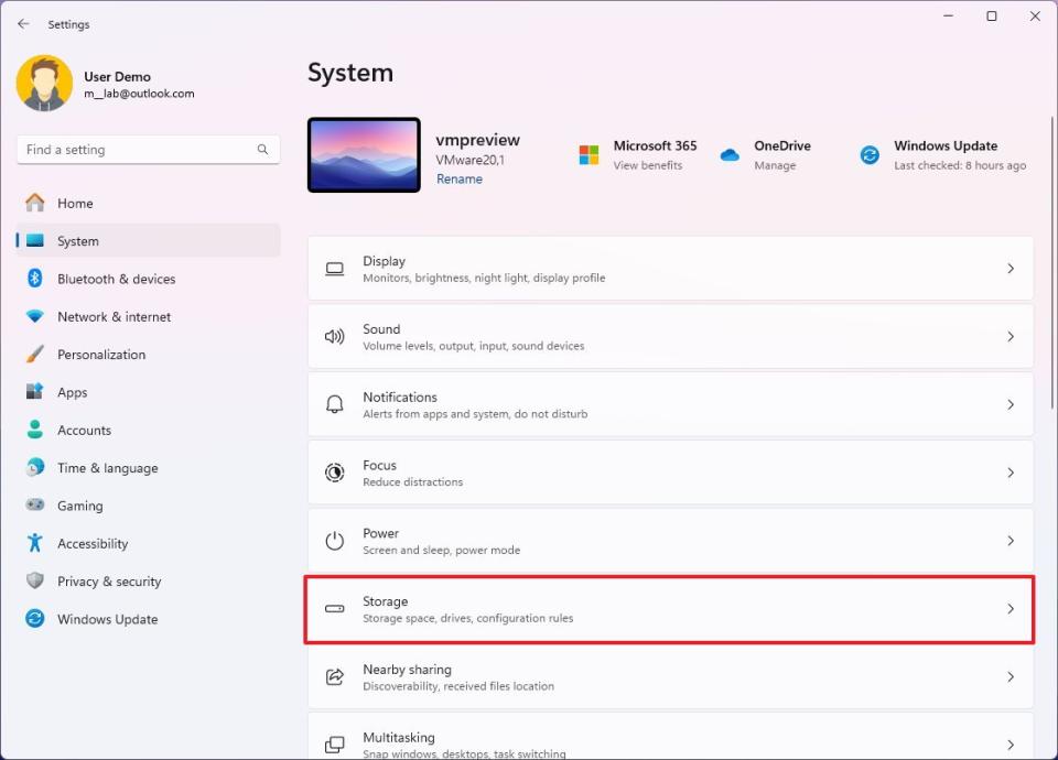 Open Storage settings