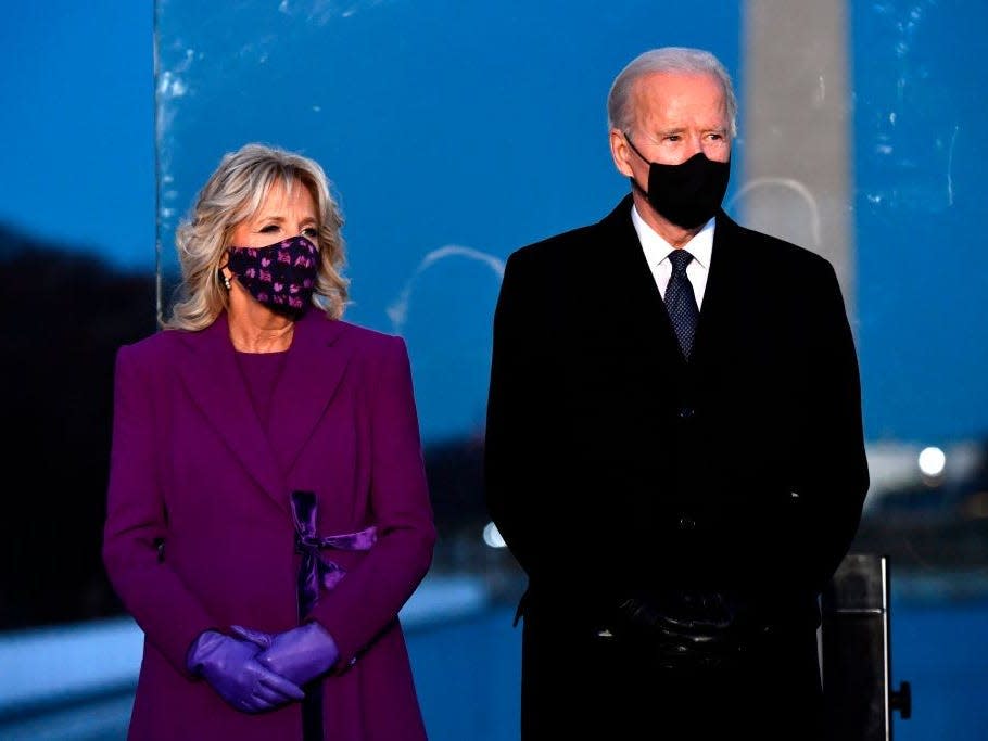 Joe Biden and Jill Biden at a COVID-19 memorial service on the eve of the inauguration