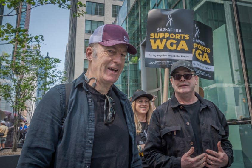 Bob Odenkirk marching during 2023 writers strike