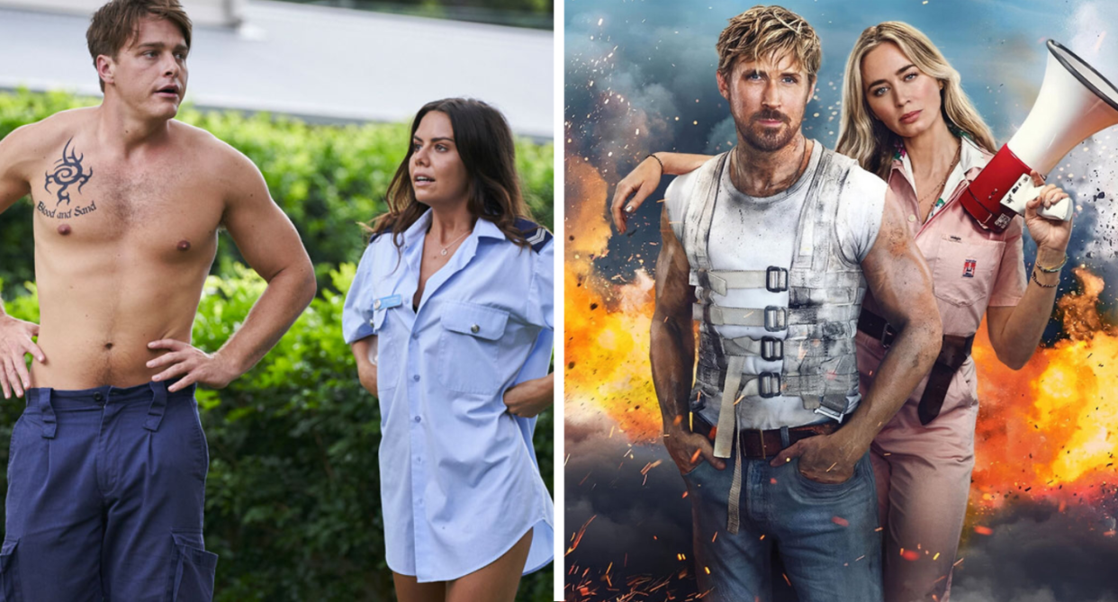 L: Tim Franklin and Emily Weir on Home and Away. R: Ryan Gosling and Emily Blunt in The Fall Guy poster