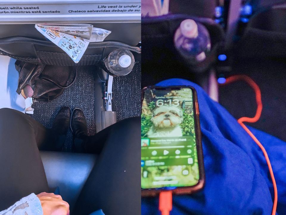 Right: An aerial view of the author's legs and shoes sitting in the flight seat. Her bag is under the seat in front of her on the left. Right: An orange cord charges an iphone with a dog on the lockscreen in the plane seat.