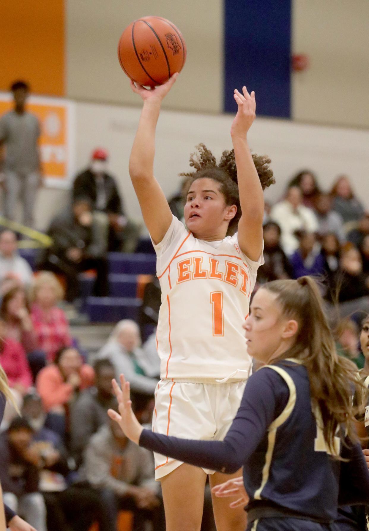 Ellet's Caitlyn Holmes puts up a second-half shot against Hoban on Wednesday, Dec. 13, 2023.