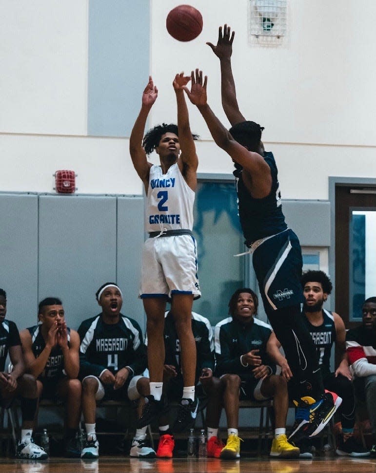 Quincy College's Jerome Stephens shooting a three-pointer.