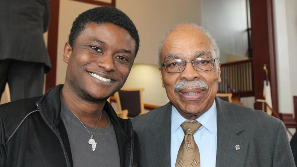 Civil rights activist James L. Felder, right, poses for a photo with J’Kobe Kelley-Mills, a junior at Benedict College, after a workshop on African Americans and the vote held at Benedict College, a historically black college in Columbia, S.C., on Tuesday, Feb. 18, 2020.