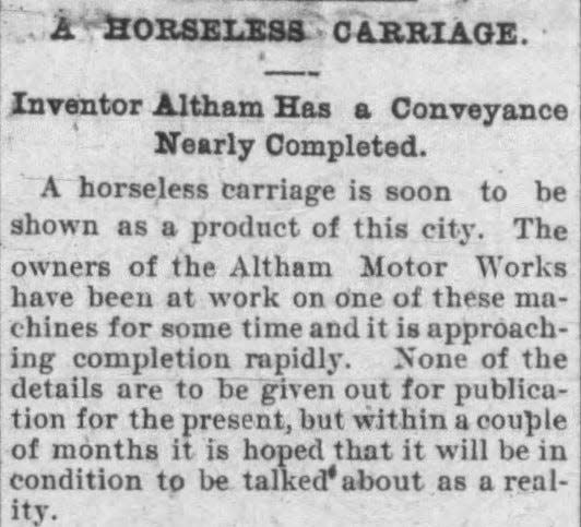 A clipping from the Fall River Daily Herald of June 26, 1897, describes the invention of George J. Altham's early automobile.