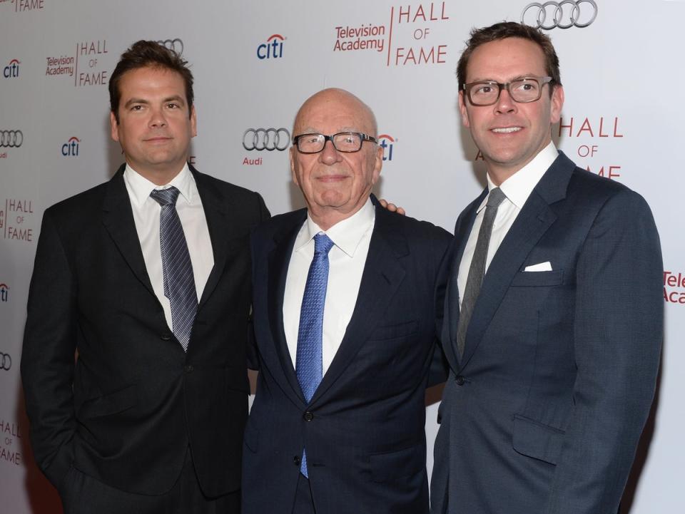 From left Lachlan Murdoch, Rupert Murdoch and James Murdoch in 2014 (Getty Images)