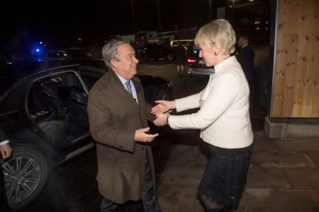 United Nations Secretary General Antonio Guterres is received by Sweden's Foreign Minister Margot Wallstrom upon arrival to Arlanda Airport, outside Stockholm, Sweden, December 12, 2018. TT News Agency/Fredrik Sandberg via REUTERS