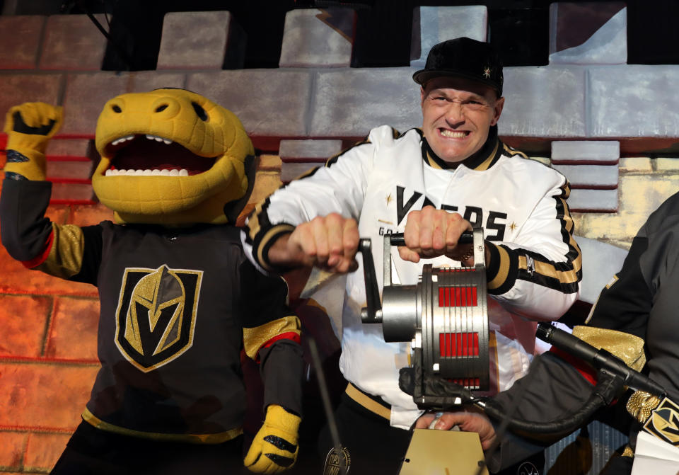 LAS VEGAS, NEVADA - FEBRUARY 15:  Heavyweight boxer Tyson Fury sounds the siren prior to a game between the Vegas Golden Knights and the New York Islanders at T-Mobile Arena on February 15, 2020 in Las Vegas, Nevada. (Photo by Zak Krill/NHLI via Getty Images)