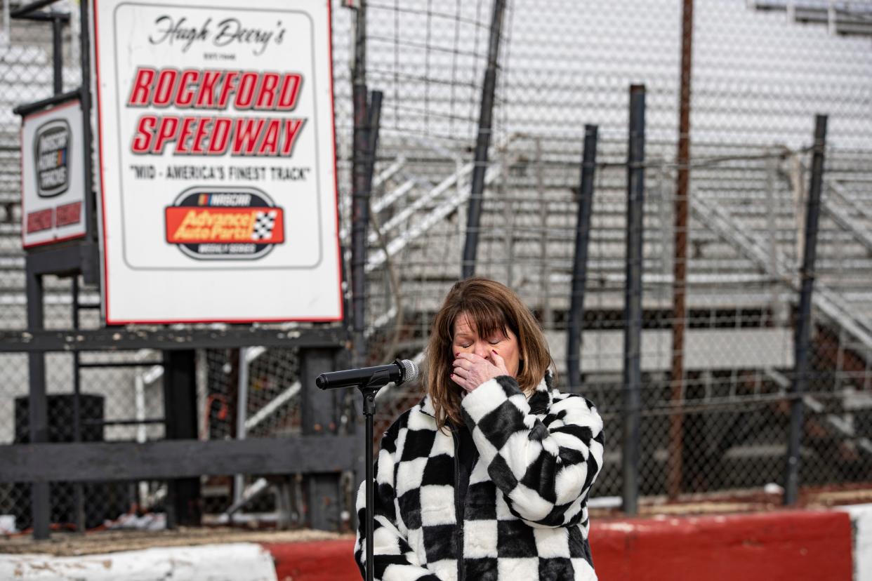 Susan Deery cries as she talks about the closing of the Rockford Speedway on Wednesday, Feb. 8, 2023, in Loves Park.