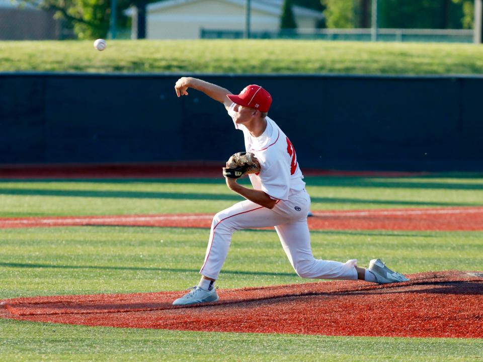 Bryson Ruff fires a pitch during the first inning of a 3-1 loss to Washington Court House Miami Trace during a Division II district semifinal at Bob Wren Stadium in Athens. Sheridan finished a 24-4 season.