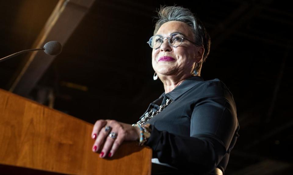 Harriet Hageman speaks during a primary election night party.