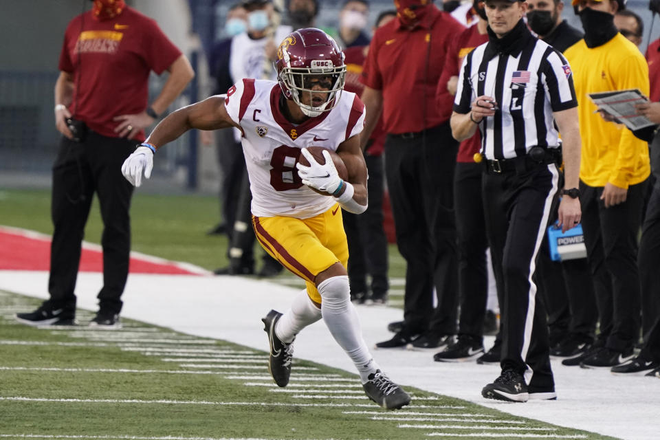 USC WR Amon-Ra St. Brown has been good in two games but could use a big showing against Utah. (AP Photo/Rick Scuteri)