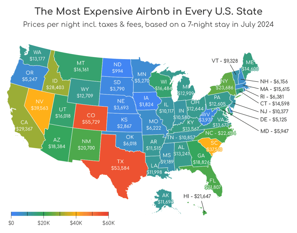 A map of he most expensive Airbnb in every state.