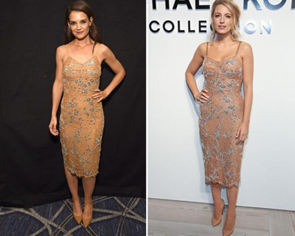 <p>Neun Monate nachdem Blake Lively in diesem nudefarbenen Michael Kors Kleid zur Herbst/Winter 16 Modenschau des Designers bei der New York Fashion Week alle Blicke auf sich zog, zeigte sich Katie Holmes in exakt dem gleichen Modell. Eine großartige Wahl für beide Frauen, finden Sie nicht auch? [Bild: Getty] </p>