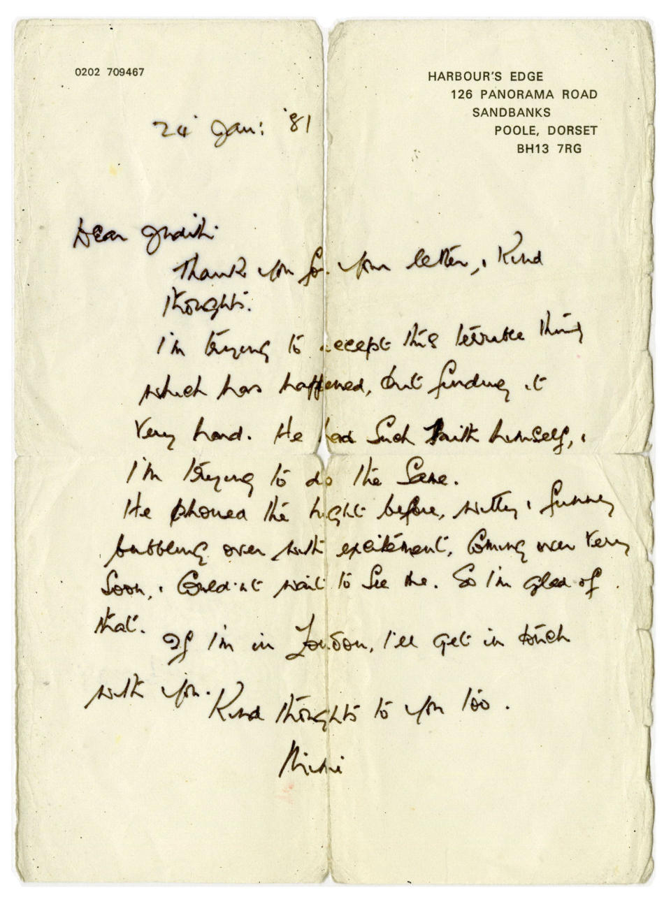 Letter from John Lennon's Aunt Mimi after his death