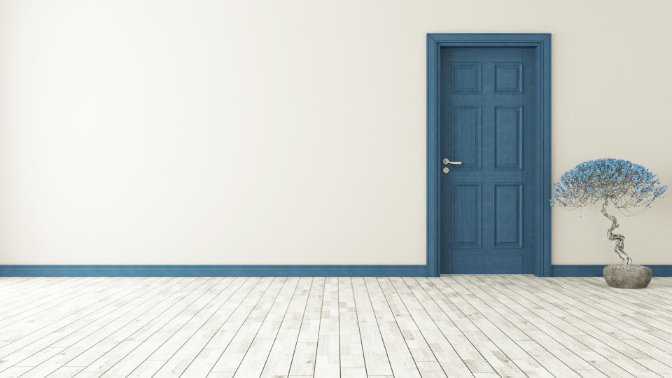 dark blue door with wall and parquet 3d model rendering