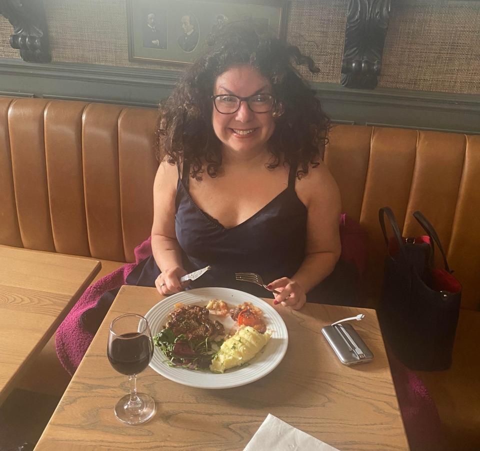 Miranda relents at the end of her meat-free month and enjoys a steak