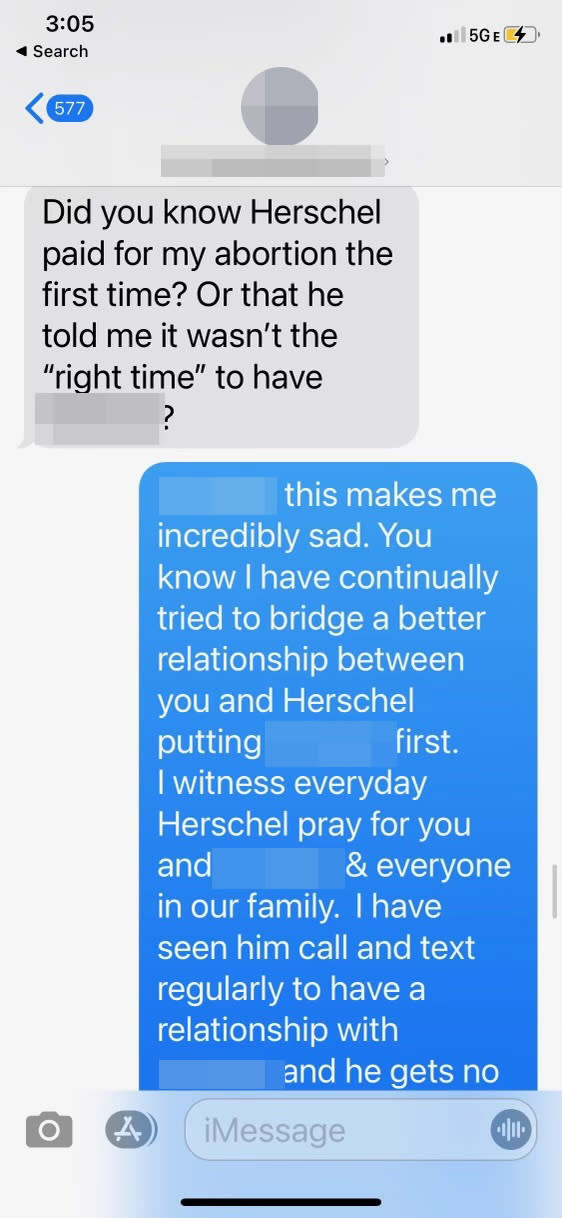 Part of a text exchange between Julie Walker and the woman who has alleged Herschel Walker, the GOP candidate for Senate in Georgia, paid for an abortion she had during their past relationship. (Obtained by NBC News)