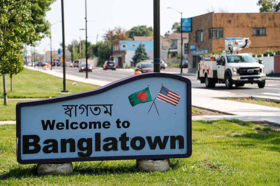 A Welcome to Banglatown sign on Conant Street on the border of Detroit and Hamtramck on August 20, 2021.