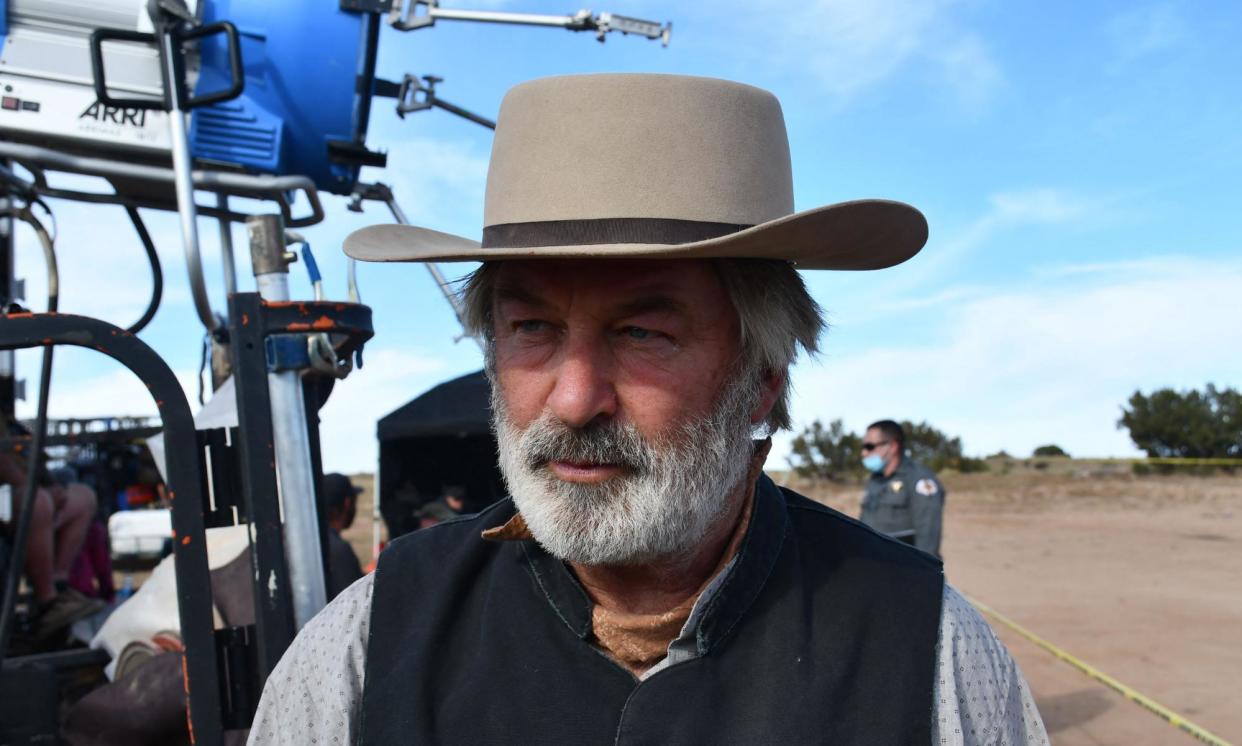 <span>Alec Baldwin being processed after the death of cinematographer Halyna Hutchins on the Rust film set in Santa Fe, New Mexico, on 21 October 2022.</span><span>Photograph: Santa Fe county sheriff's office/AFP/Getty Images</span>