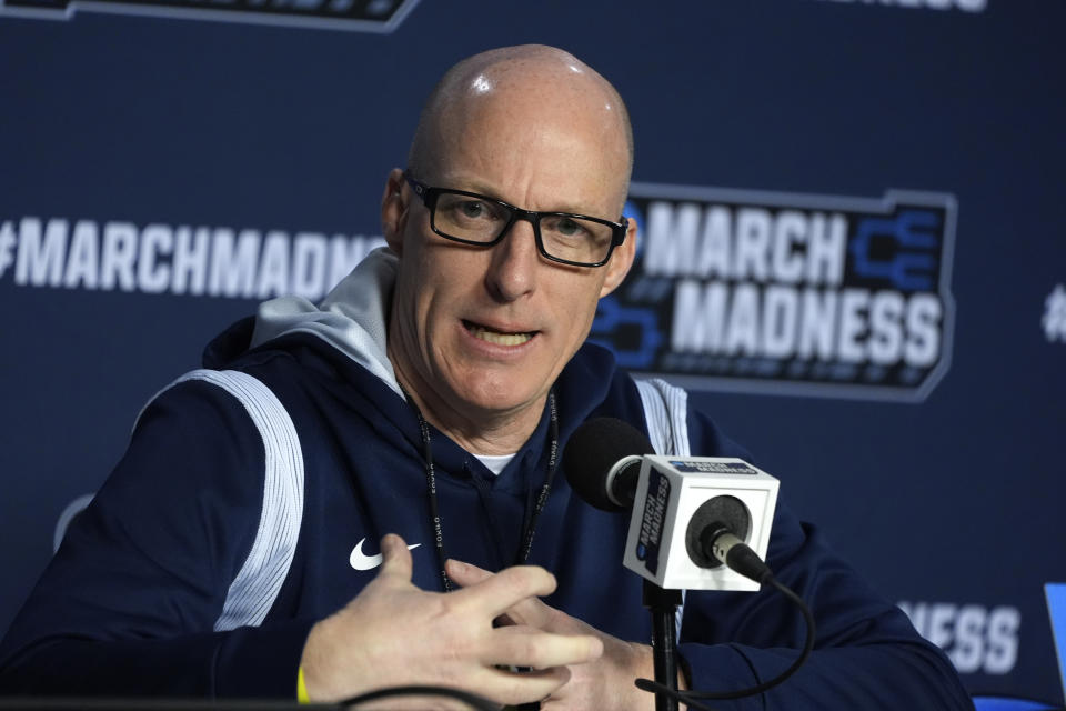 University of Akron head coach John Groce meets with reporters before his NCAA college men's basketball team practice at PPG Paints Arena in Pittsburgh, Wednesday, March 20, 2024. Akron will face Creighton in a first round tournament game on Friday. (AP Photo/Gene J. Puskar)