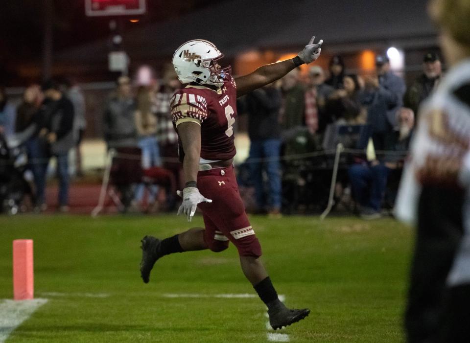 Jamarkus Jefferson (6) celebrates after scoring a touchdown to take a 13-0 Chiefs lead during the Union County vs Northview Class 1-1R State Semifinal playoff football game at Northview High School in Bratt, Florida on Friday, Dec. 2, 2022.