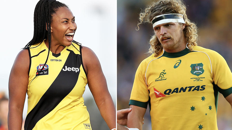 Sabrina Frederick and Nick Cummins, pictured here in the AFLW and rugby.