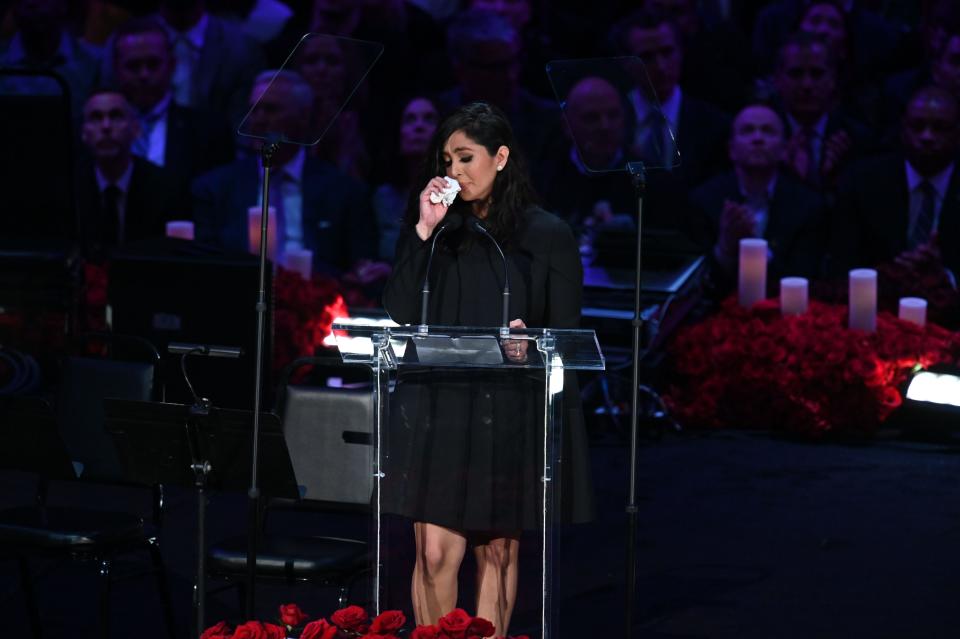 Vanessa Bryant weeps while delivering her speech during the memorial to celebrate the life of Kobe Bryant and daughter Gianna Bryant at Staples Center on Feb 24, 2020. 