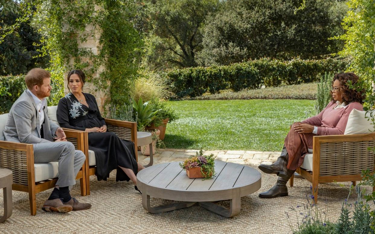 Handout photo supplied by Harpo Productions showing the Duke and Duchess of Sussex during their interview with Oprah Winfrey which was broadcast in the US on March 7. PRESS ASSOCIATION Photo. Picture date: Monday March 8, 2021. See PA story ROYAL Sussex. Photo credit should read:  - Joe Pugliese/Harpo Productions /PA Wire